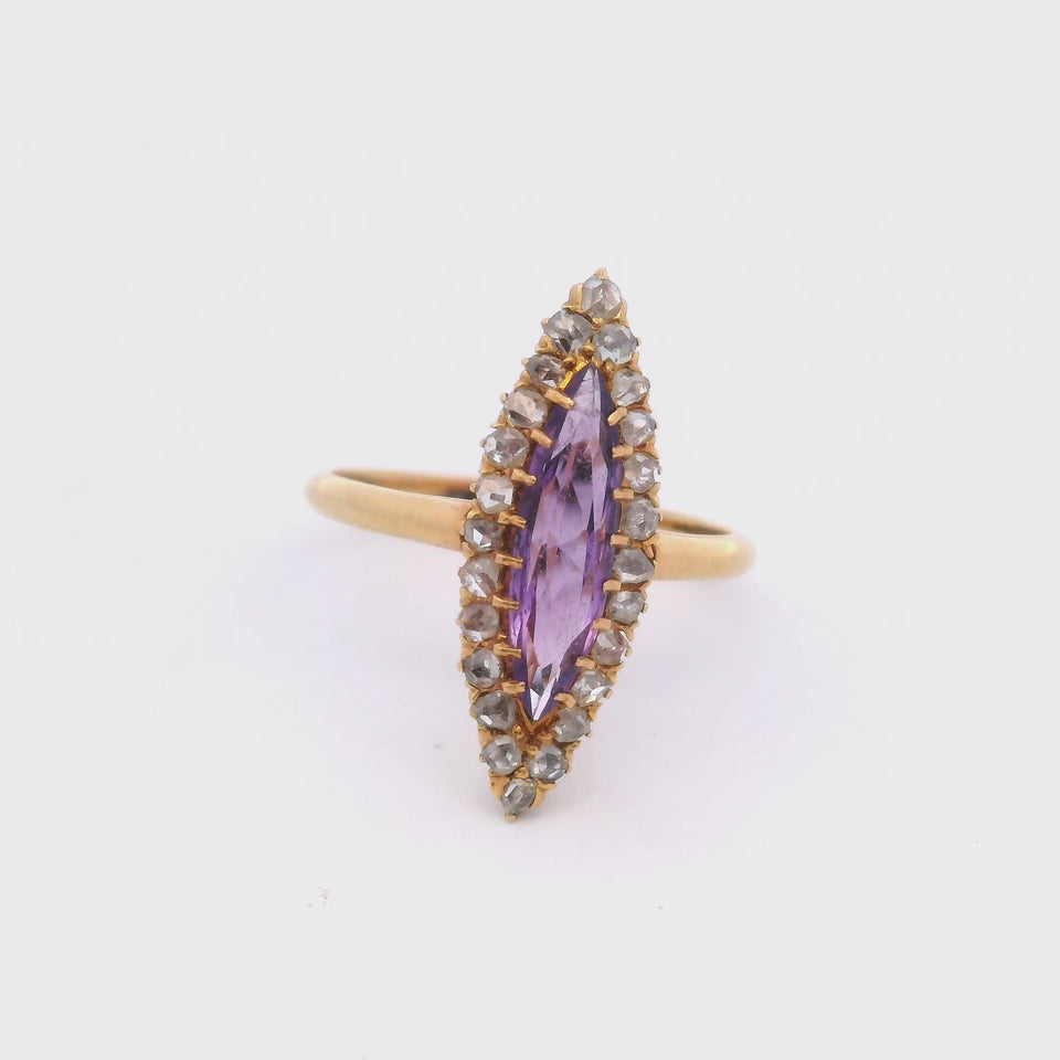 Victorian 18K Yellow Gold Amethyst and Rose Cut Diamond Navette Ring