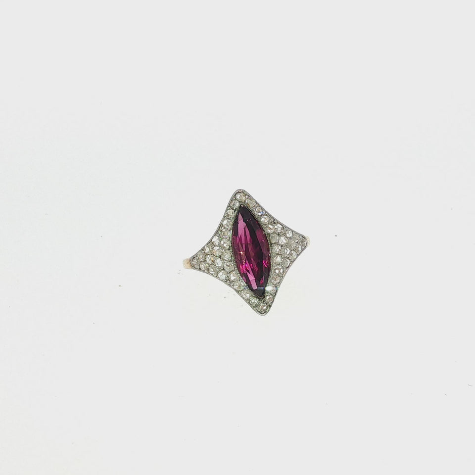 Edwardian Diamond Navette Ring Rhodolite Garnet Center 14K Yellow Gold Platinum