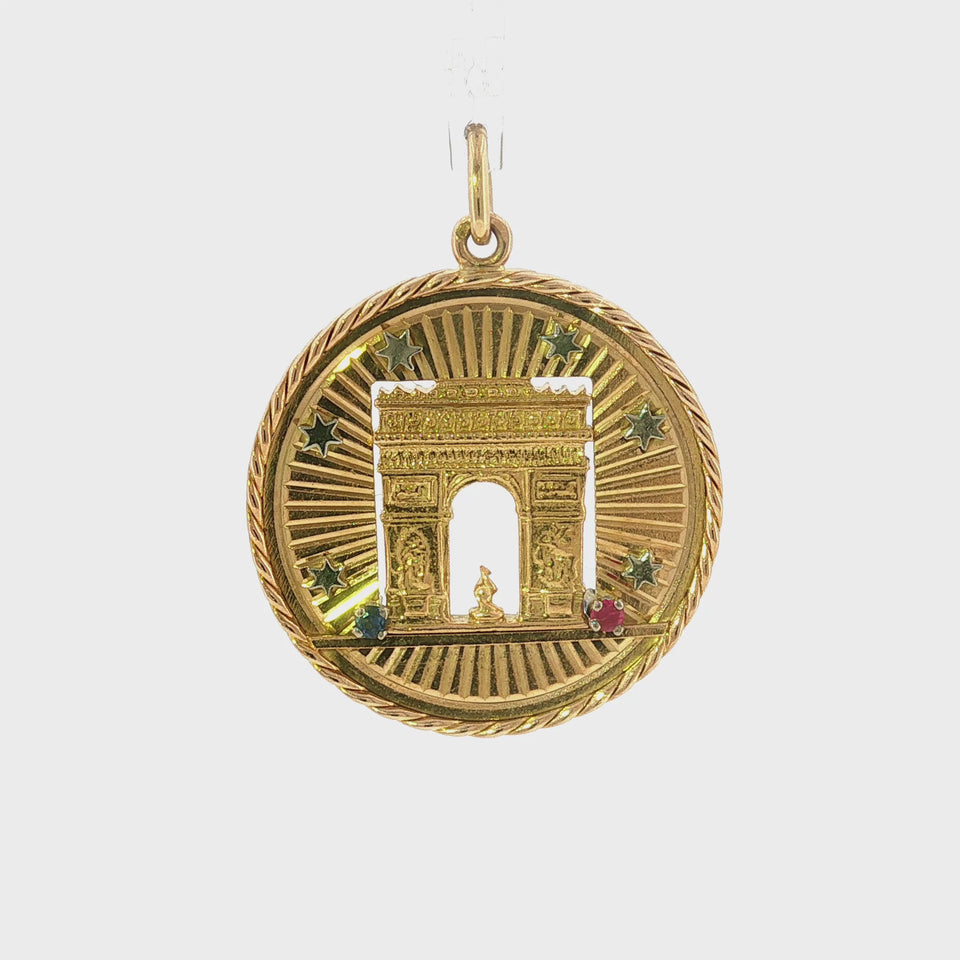 French 18K Pendant Arc De Triomphe Yellow Gold Ruby and Sapphire