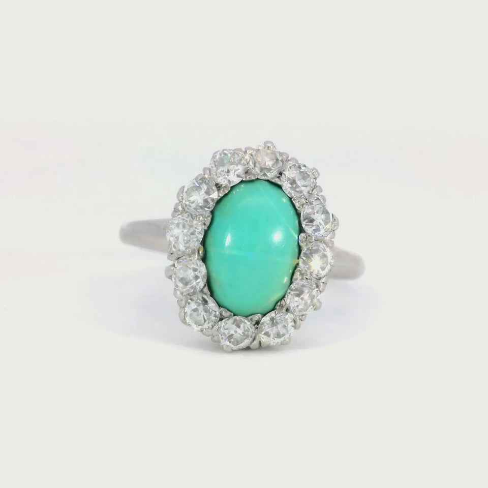 Victorian Turquoise and Old Mine Cut Diamond Cluster Ring ~2.57ctw