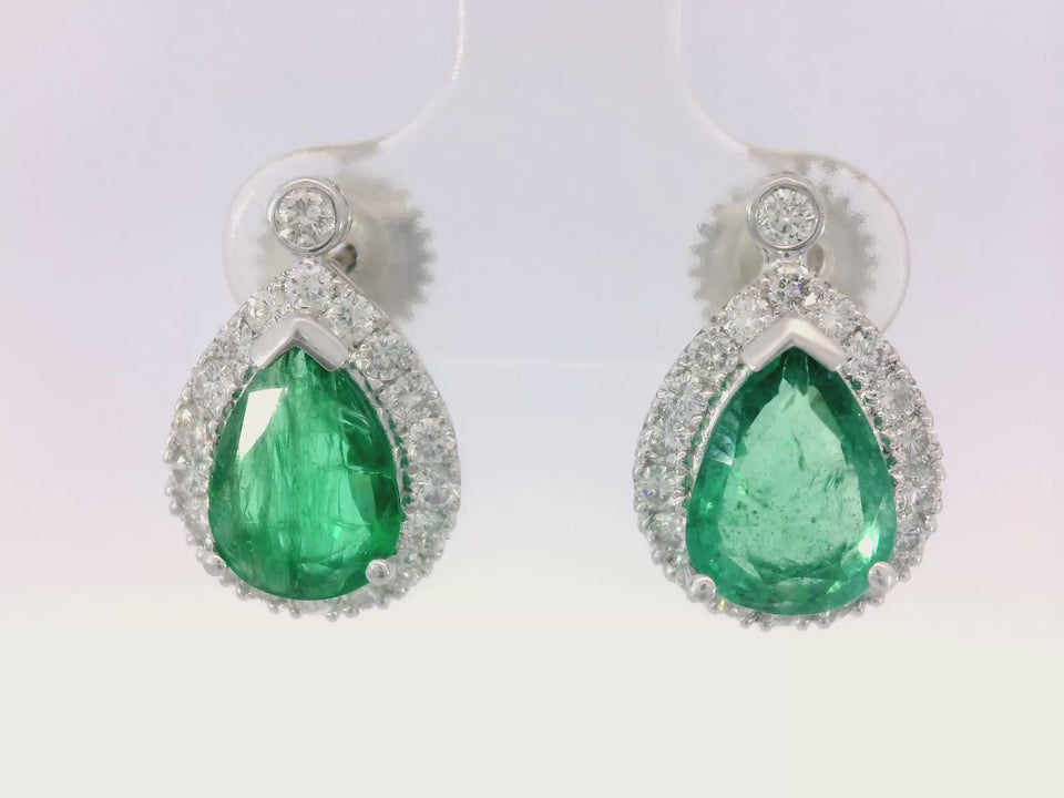 Modern Emerald Pear Shape and Diamond Stud Earrings in 18K White Gold