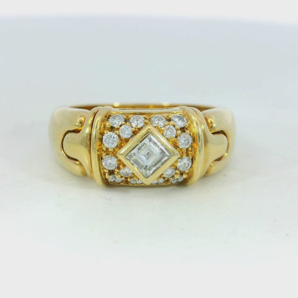 Bulgari Vintage 18K Diamond Ring Band Emerald Cut Center Yellow Gold Size 6