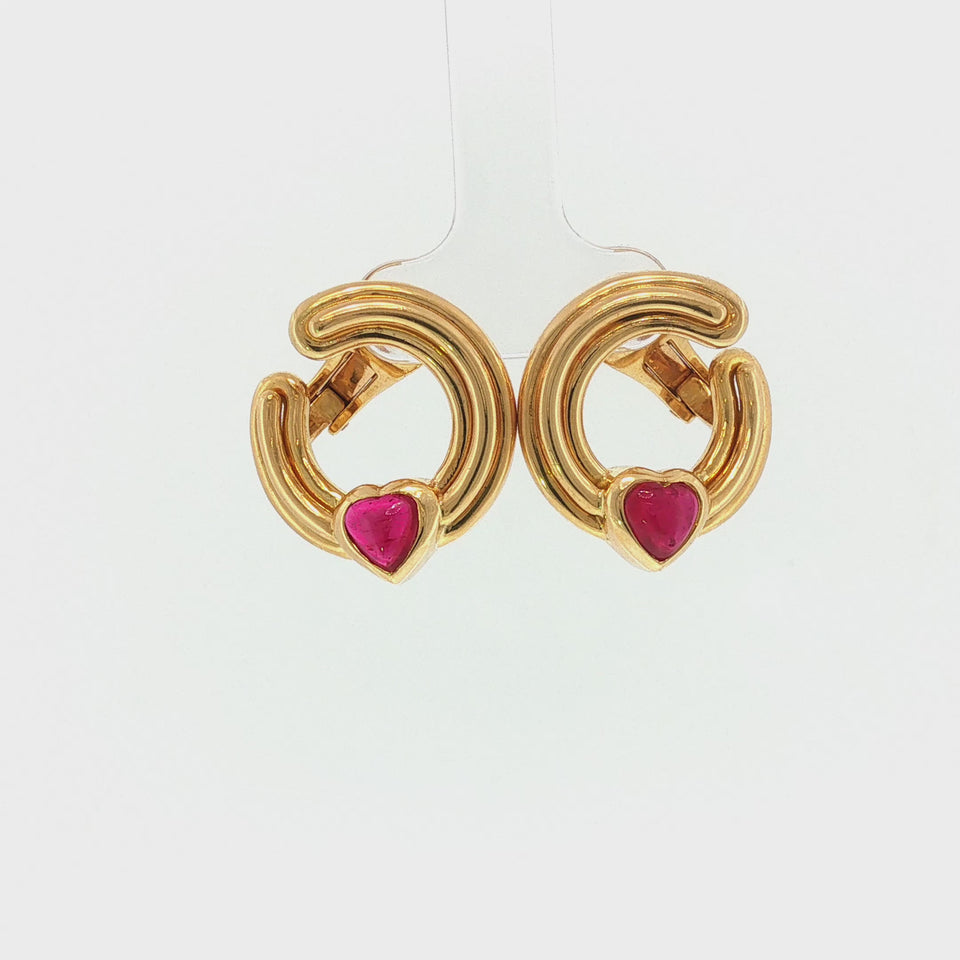 Bulgari Ruby Heart Earrings 18K Yellow Gold Circa 1970s