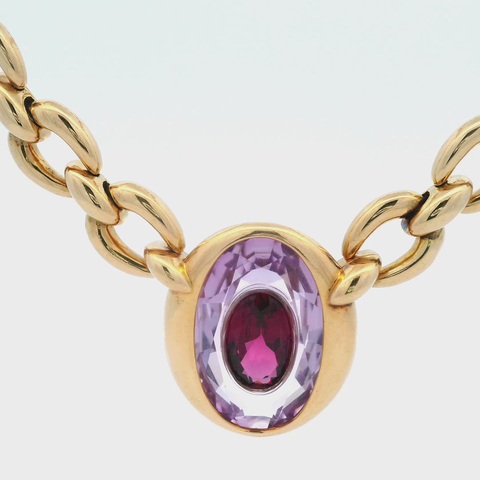 Cartier Paris 18 Karat Gold Amethyst With Garnet Set Inside Pendant Necklace