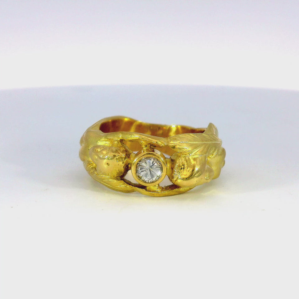 Art Nouveau Figural Woman Ring Made in 18K Gold with Diamond Center