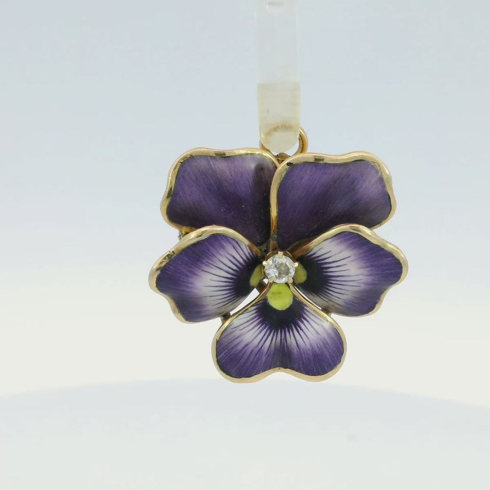 Art Nouveau Pansy Flower Enamel Pendant Brooch in 14K Yellow Gold