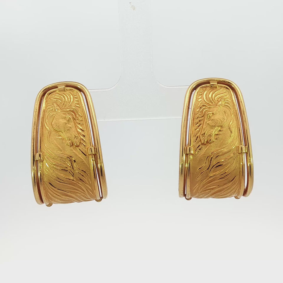 Carrera y Carrera Horse Motif Hoop Earrings 18K Yellow Gold With Box