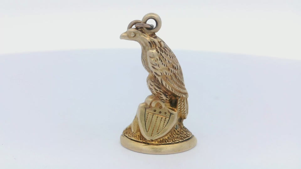 Victorian Antique Seated Eagle and Shield Charm in 10K Yellow Gold with Enamel