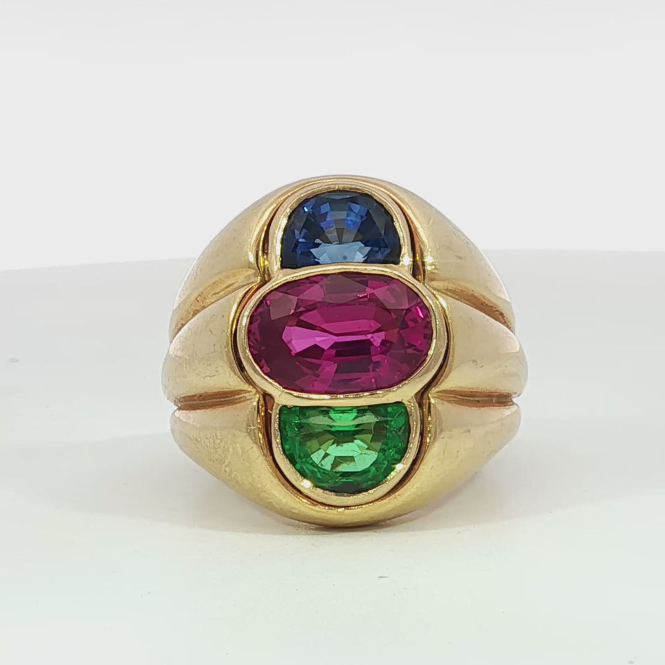 Bulgari Sapphire Ring 18K Pink and Blue Sapphire & Emerald Yellow Gold ~5.98ctw