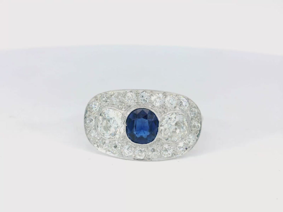 Art Deco Three Stone Ring Sapphire Diamond Platinum 14K sz 10.75 AGL CERTIFIED