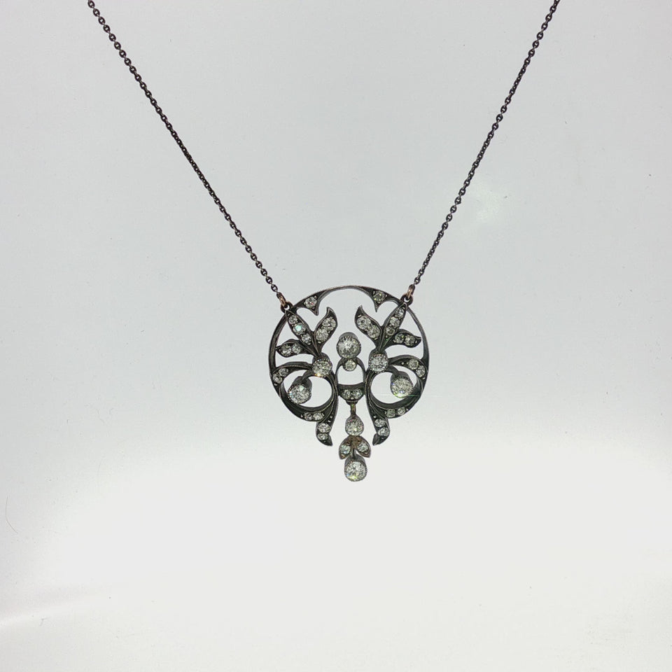 Victorian Old European Cut Diamond Pendant Necklace 10K and Sterling Silver
