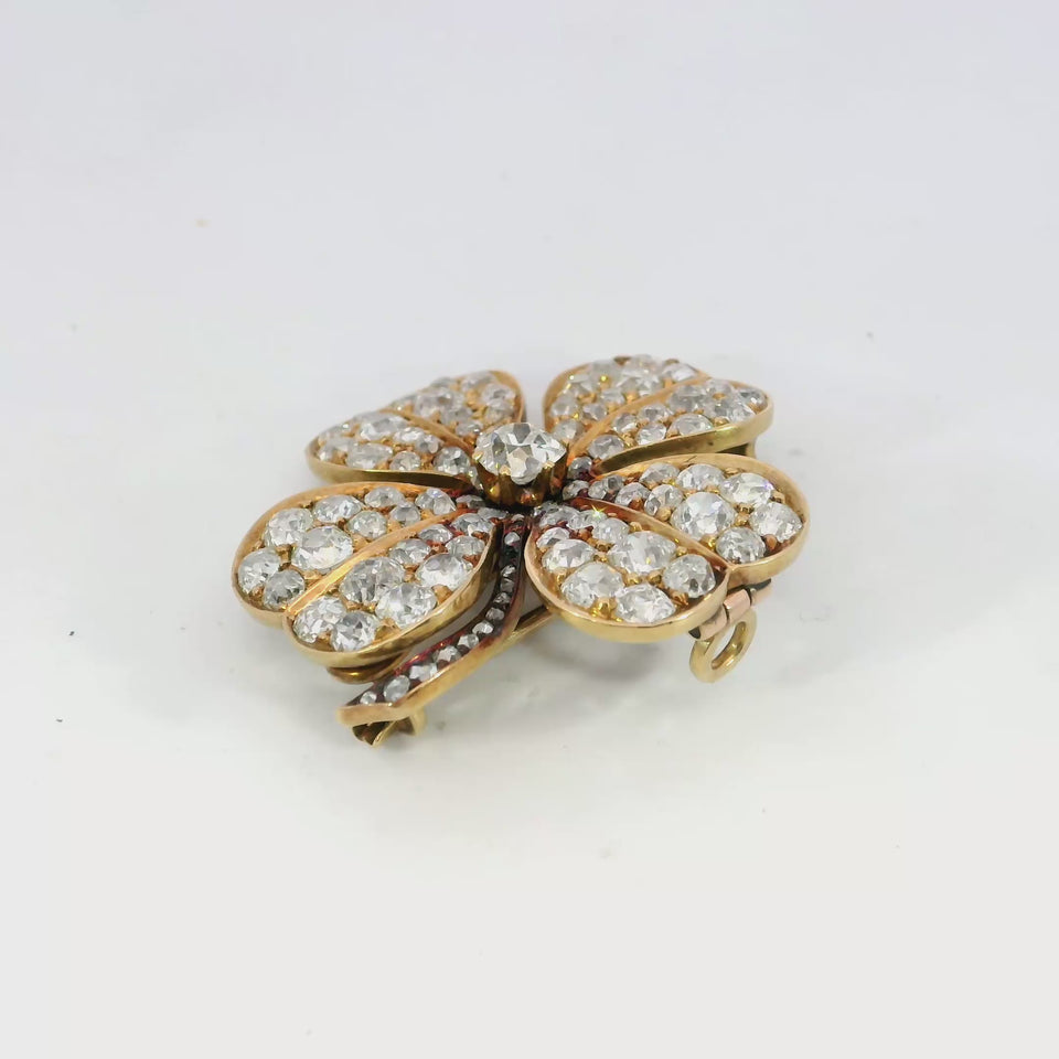 Victorian Diamond Clover Pendant Brooch in 18K Yellow Gold ~6.8ct Diamonds Total