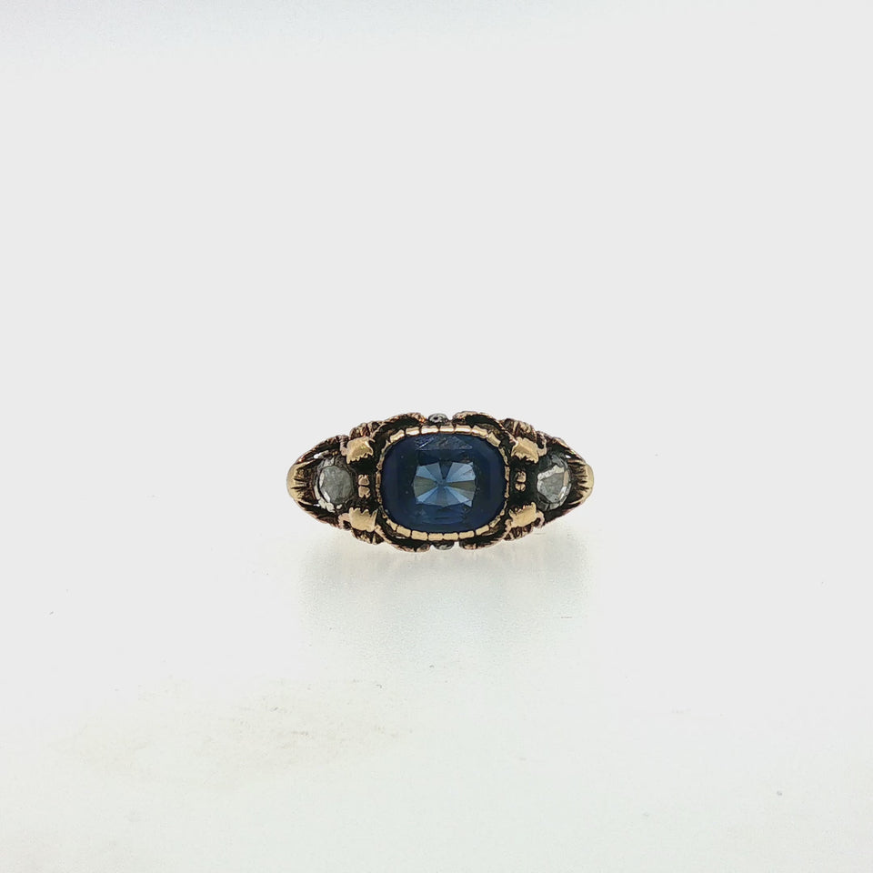 Antique Victorian Synthetic Sapphire Diamond Ring 18K Yellow Gold