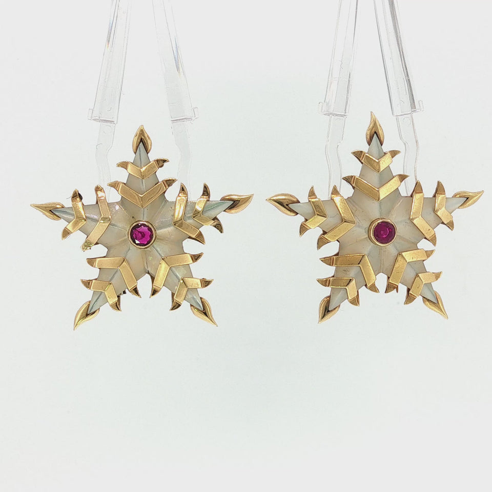 Jean Schlumberger Star Brooches Pair 18K Yellow Gold Ruby French