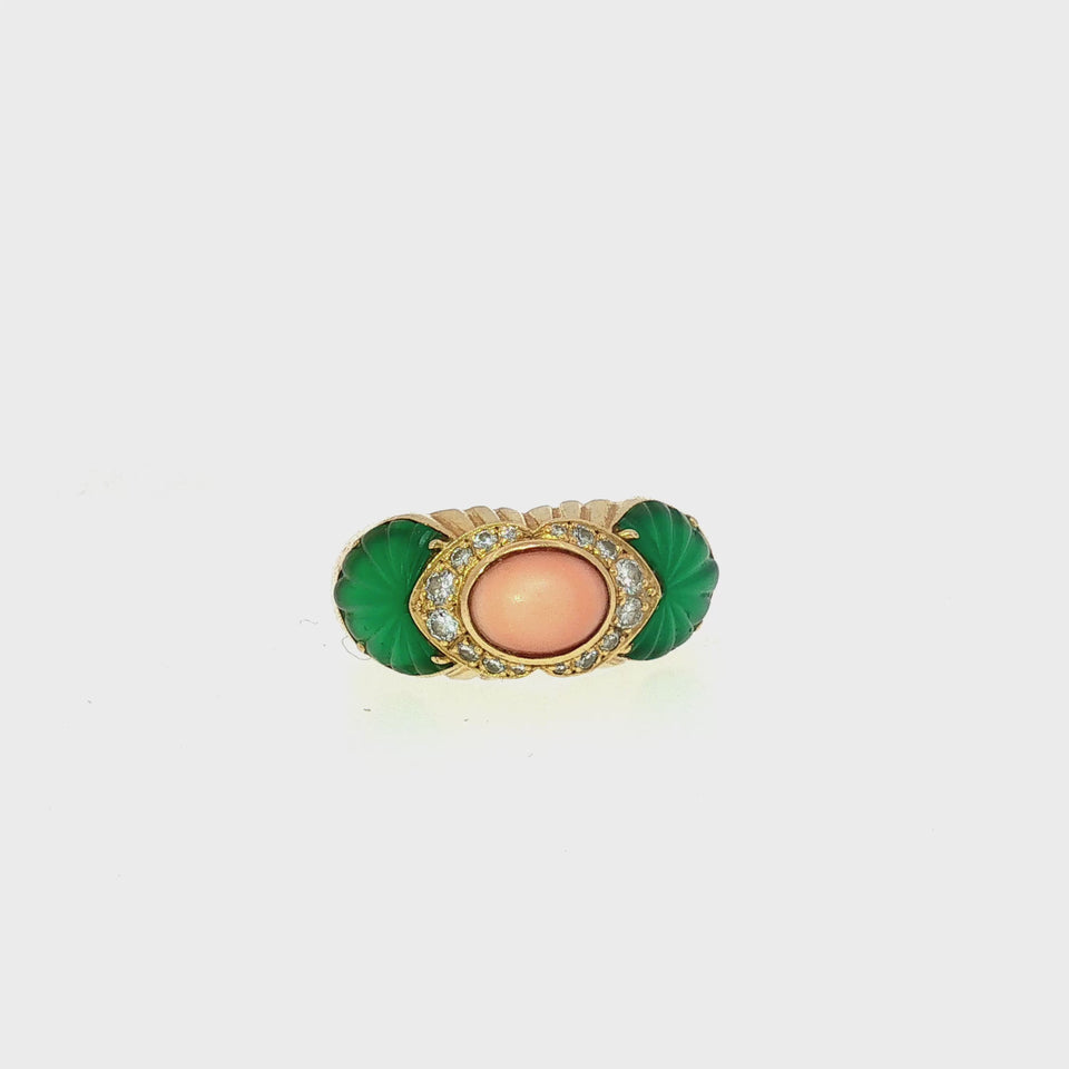 Cartier French Coral Chrysoprase Ring Diamond Accented 18K Yellow Gold 1990s
