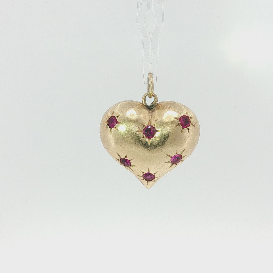 Vintage Puffy Heart Pendant 14K Natural Rubies Yellow Gold