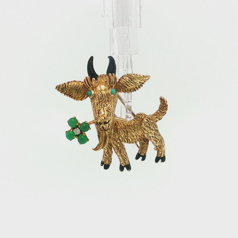 Boucheron Paris 18K Animal Brooch Goat Carrying Clover Yellow Gold