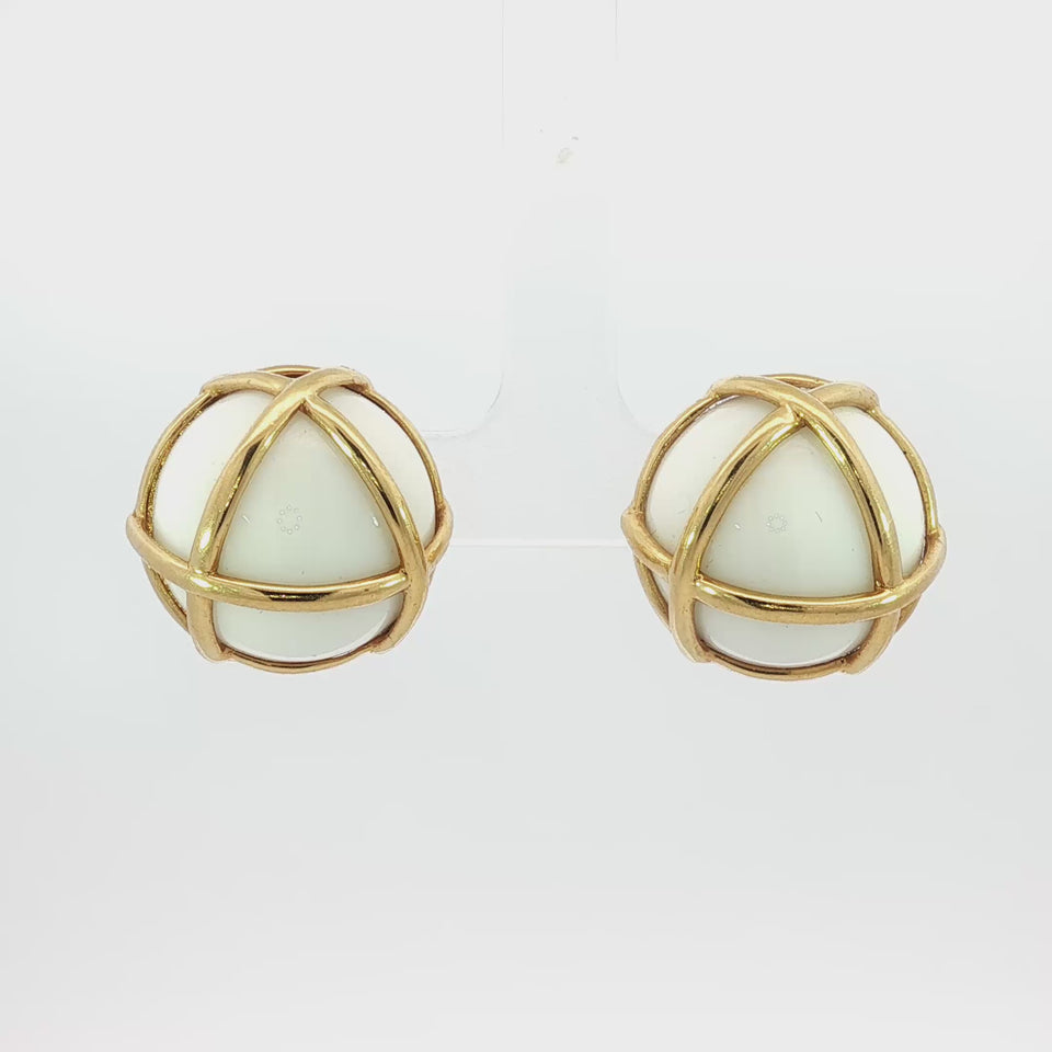 Vintage 18K Caged Earclips Culloden White Agate Yellow Gold Solid