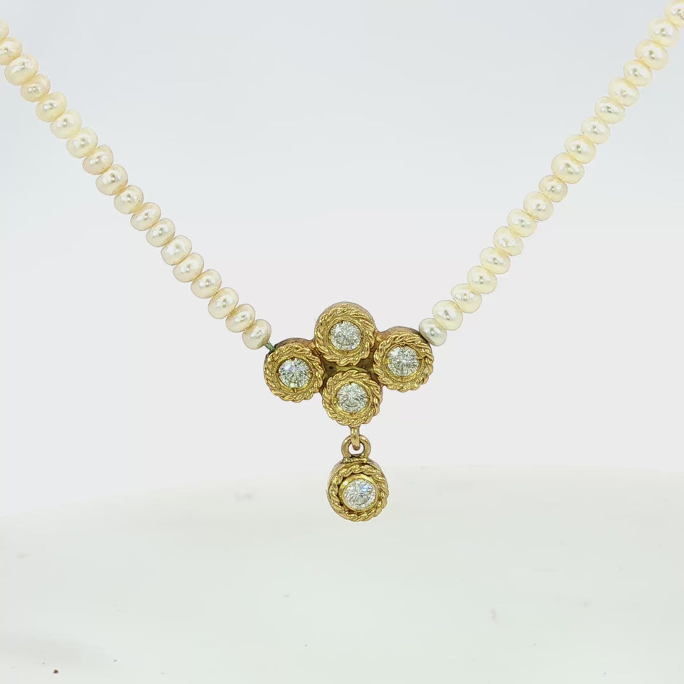 Vintage 18K Pearl Diamond Necklace Yellow Gold 17"