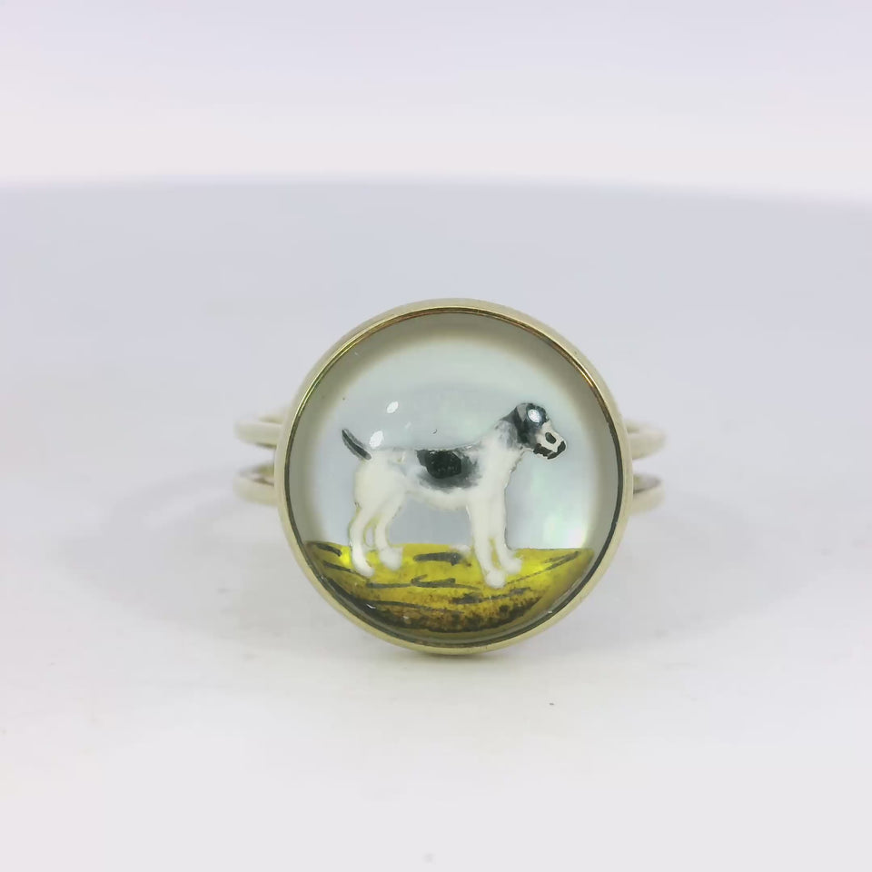 Victorian Essex Crystal Ring Reverse Painted Terrier Dog 14K Yellow Gold Size 6
