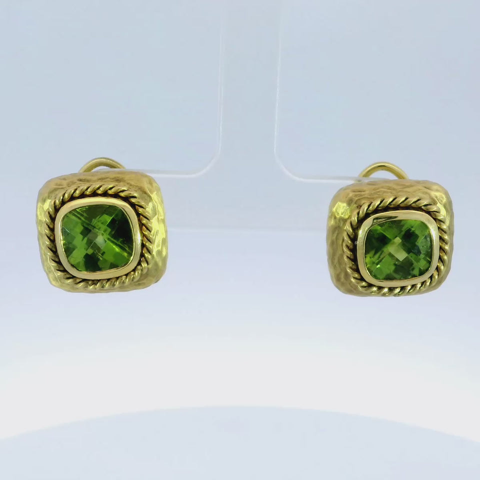 Maz Bezel Set Green Peridot Cushion Clip on Earrings in 14K ~5.4ctw