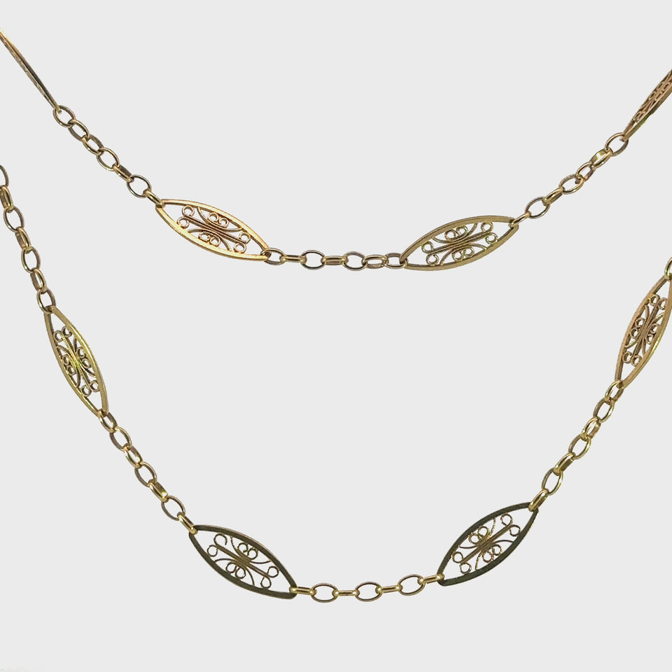 French Art Nouveau Fancy Chain Link Chain Necklace in 18 Karat YG 40 Inch Length