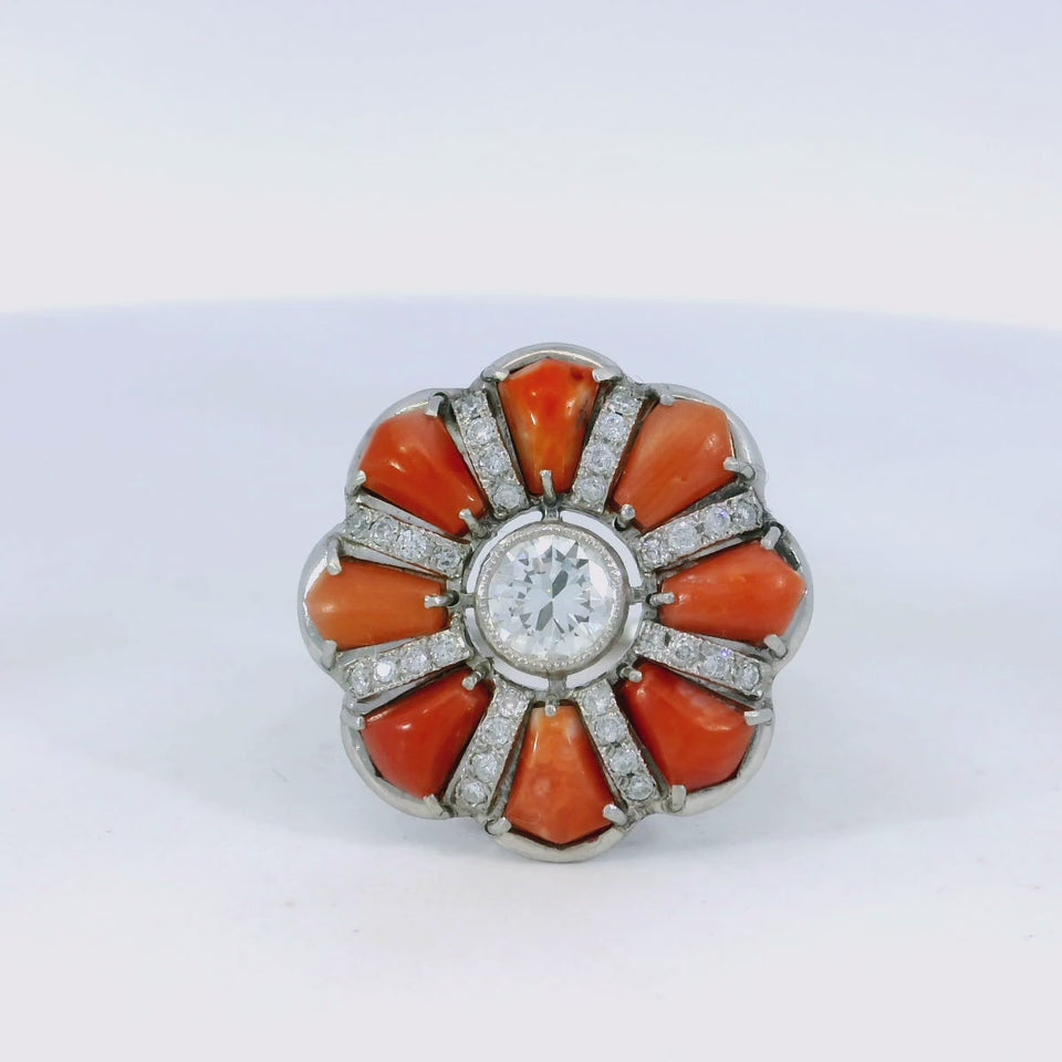 Unique Platinum Coral Diamond Cluster Ring European Cut Accents ~0.92ct Diamond