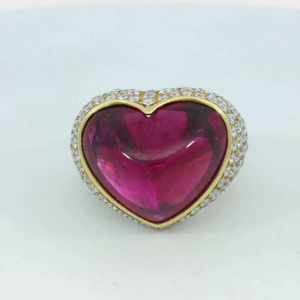 Estate 18K Heart Ring ~21ctw Rubellite and ~4.2ctw Pave Diamond in Yellow Gold