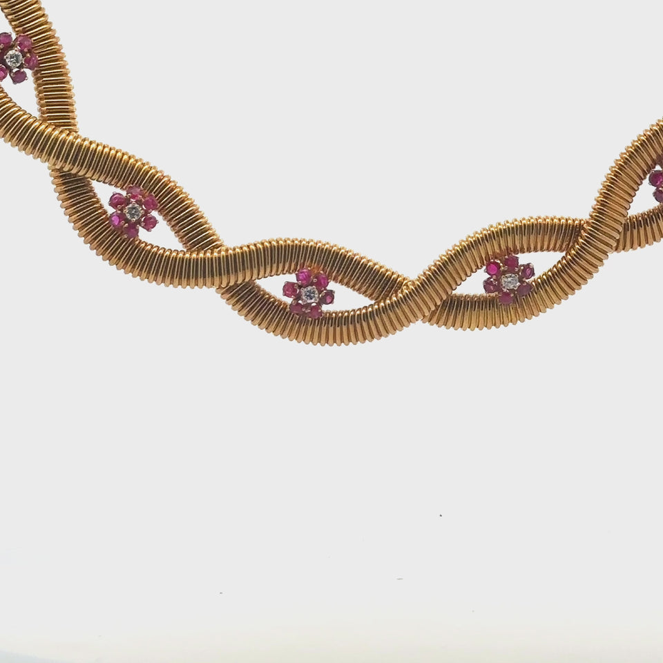 Retro Double Tubogas Necklace with Diamonds and Rubies in 18 Karat Yellow Gold