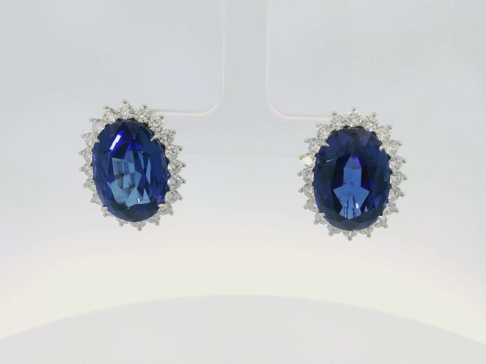 Modern Tanzanite and Diamond Cluster Earrings in 18K White Gold ~30.85ctw