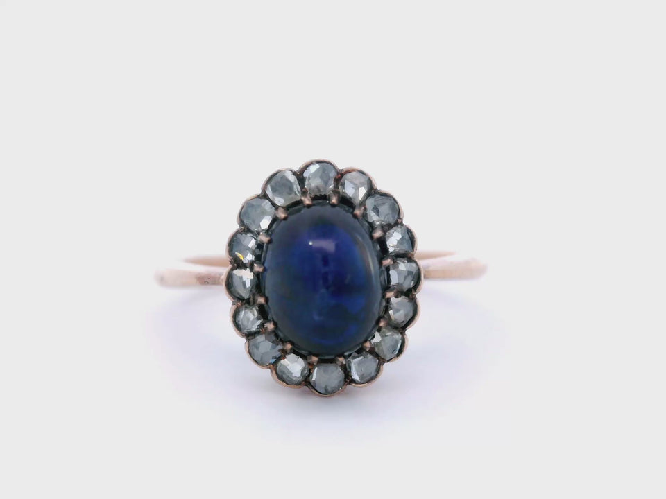 Victorian Sapphire Cluster Ring With Rose Cut Diamonds in 12K Gold and ~3.2ctw