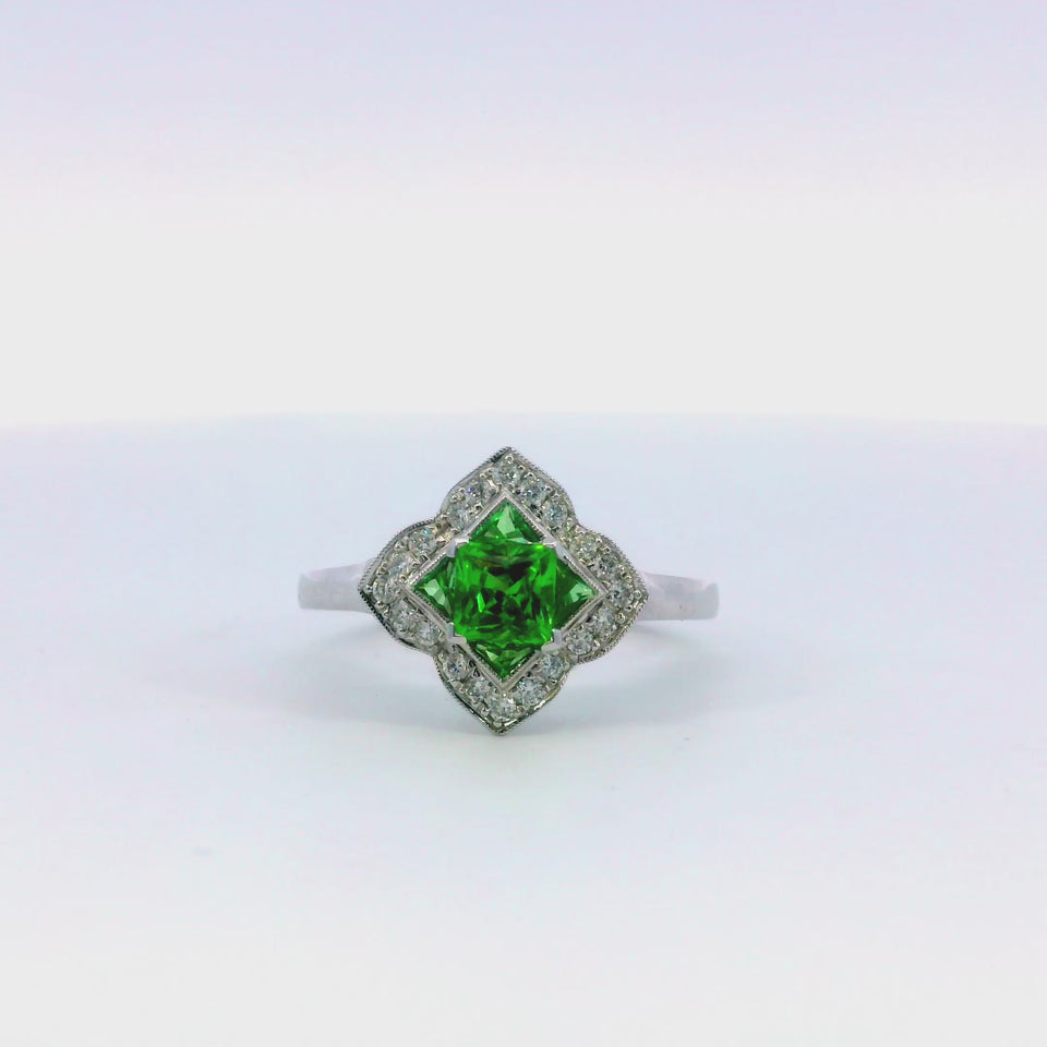 Modern Tsavorite and Diamond Cluster Ring in 14 Karat White Gold