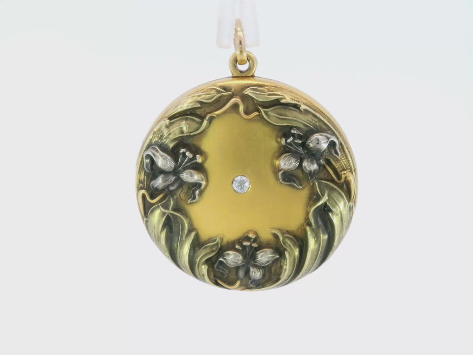 Art Nouveau Floral Locket with Old Mine Cut Diamond Center in 14K Gold