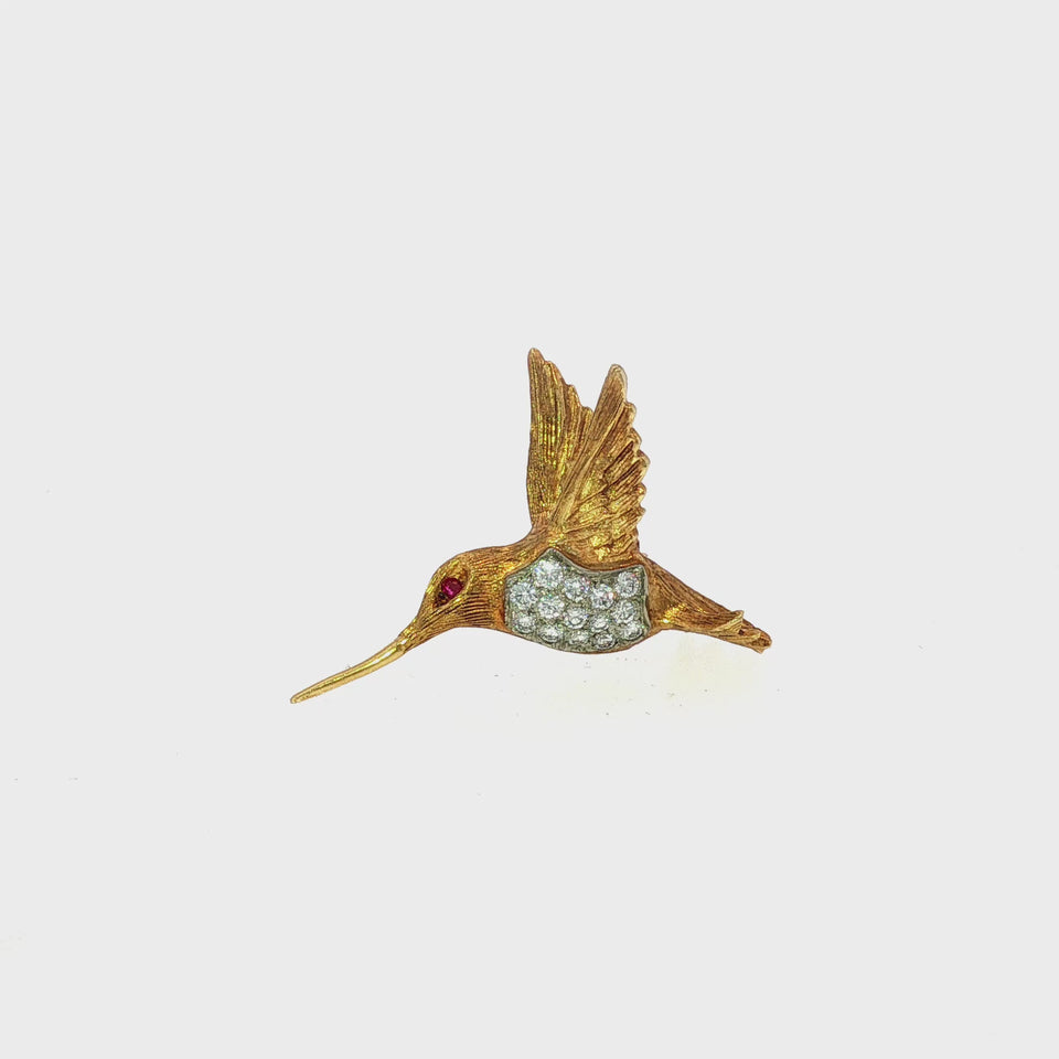 Vintage 18K Humming Bird Brooch Diamonds Yellow Gold