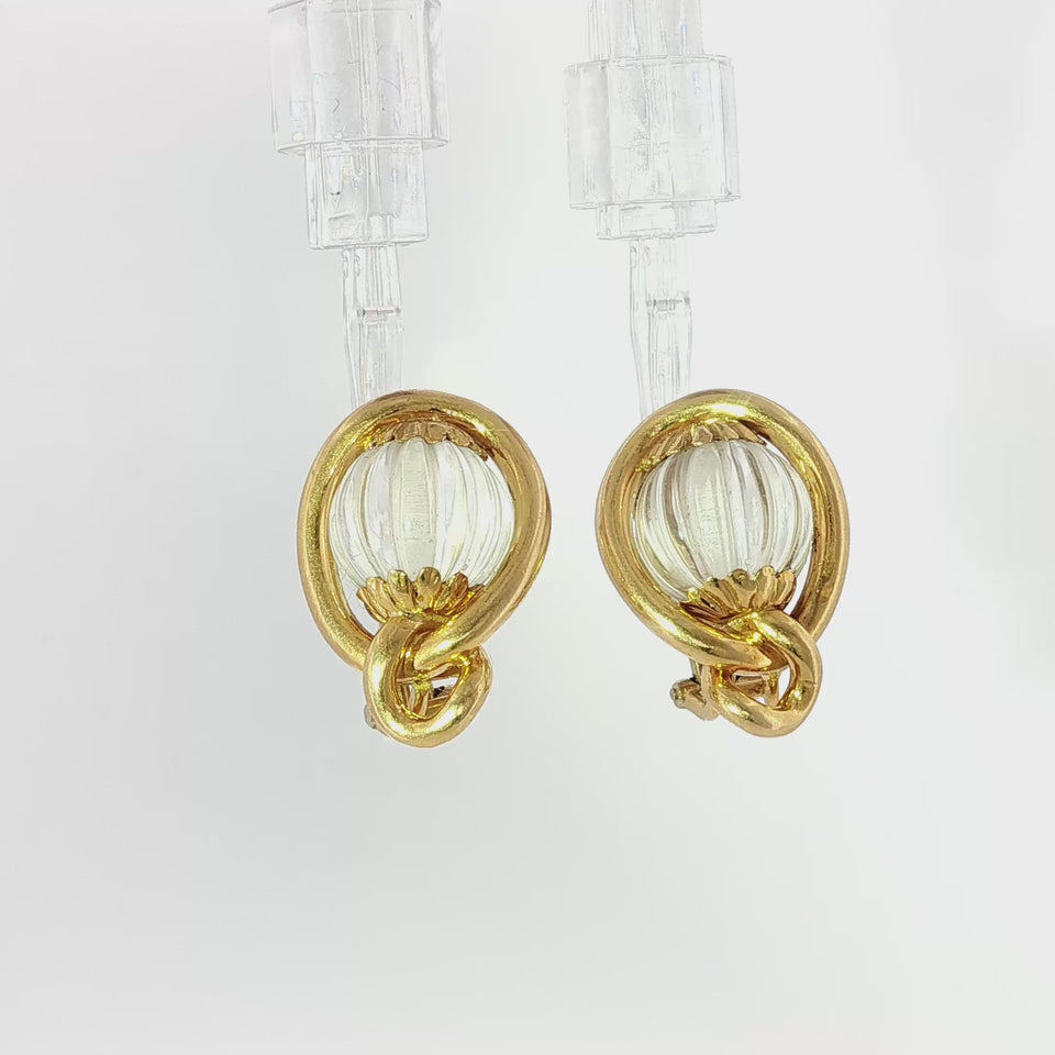 Bulgari 1970s Earrings Carved Rock Crystal 18K Yellow Gold Clip-Ons