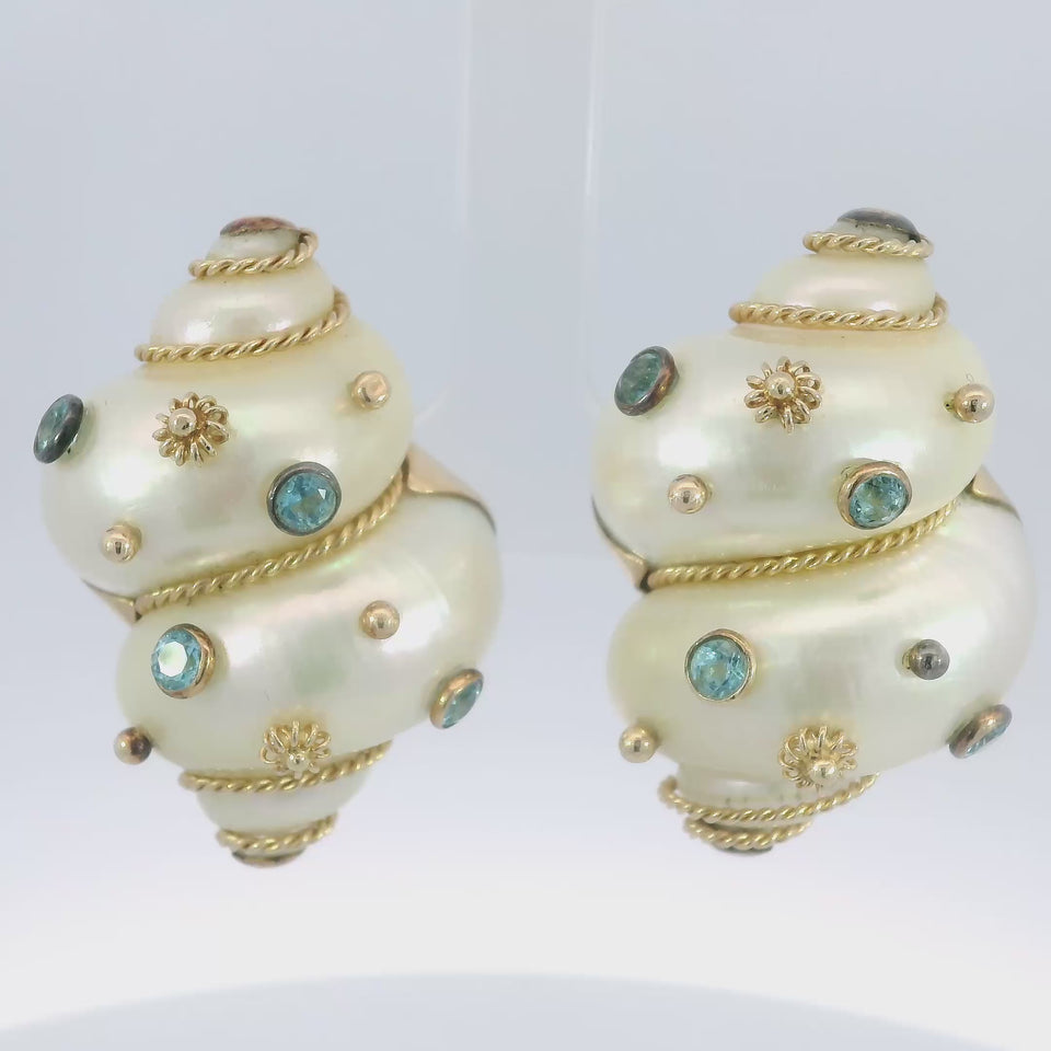 Maz Aquamarine Turbo Shell Clip On Earrings in 14K Gold