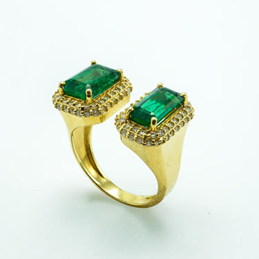 Modern Emerald and Diamond Split Stone Bypass Ring in 18K Yellow Gold