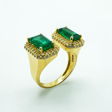 Modern Emerald and Diamond Split Stone Bypass Ring in 18K Yellow Gold