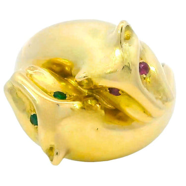 Vintage 18K Panther Ring Emerald Ruby Eyes Yellow Gold Size 6.5