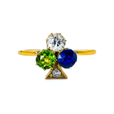 Victorian Clover Ring with Demantoid Garnet Sapphire and Diamond in 18K Gold