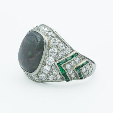 Art Deco Platinum Black Opal, Diamond and Emerald Cocktail Ring