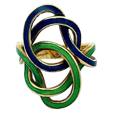 Antique 14 Karat Yellow Gold Guilloché Green and Blue Enamel Ring