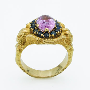 Egyptian Revival Portuguese 19 Karat Gold Pink Topaz & Sapphire Figural Ring