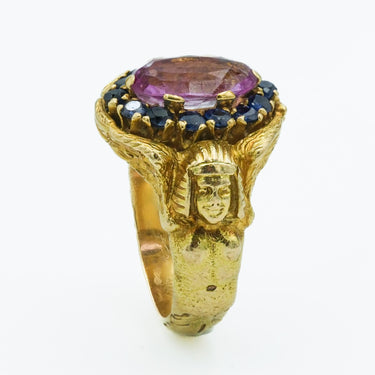 Egyptian Revival Portuguese 19 Karat Gold Pink Topaz & Sapphire Figural Ring