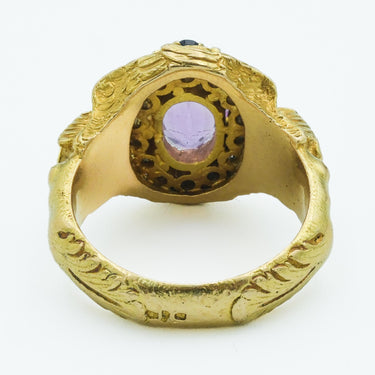 Egyptian Revival Portuguese 19 Karat Gold Pink Topaz & Sapphire Figural Ring