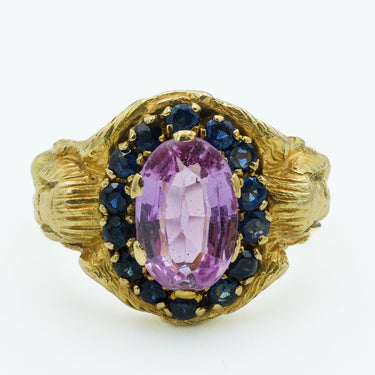 Egyptian Revival Portuguese 19 Karat Gold Pink Topaz & Sapphire Figural Ring