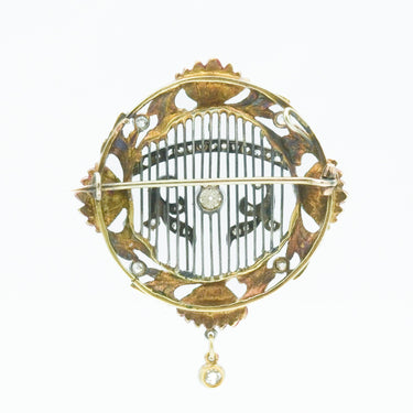 *Art Nouveau Enameled 18 Karat & Platinum Brooch Pendant w European Cut Diamonds