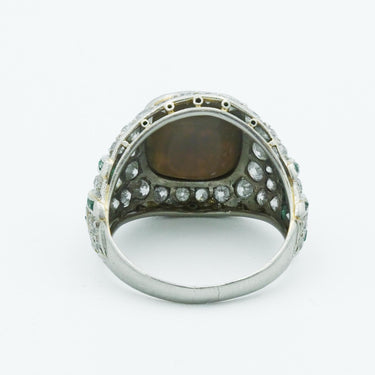Art Deco Platinum Black Opal, Diamond and Emerald Cocktail Ring