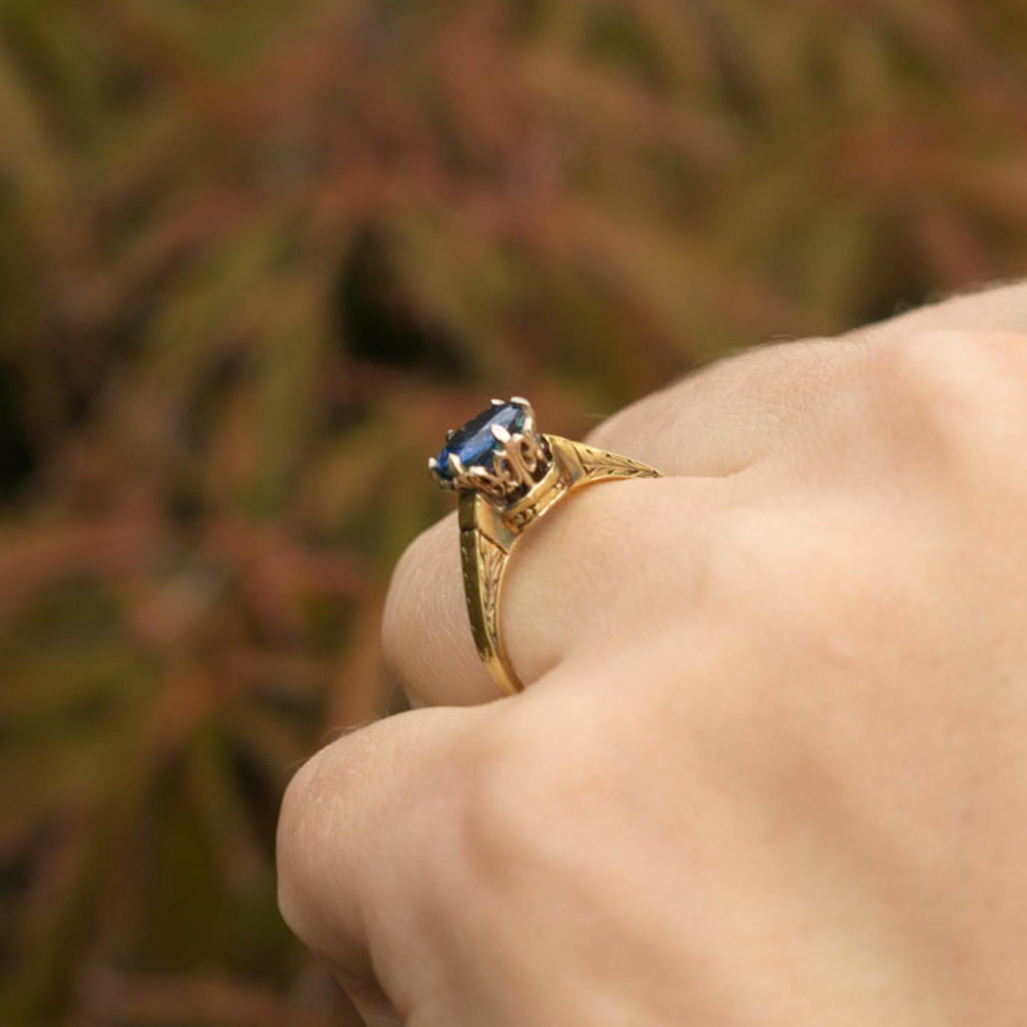 Handmade Antique Victorian Blue Sapphire and 14 Karat Yellow Gold Ring