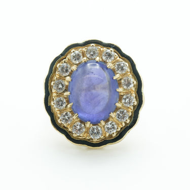 Vintage 18 Karat Victorian Style 6.1ct Sapphire Diamond and Enamel Cluster Ring